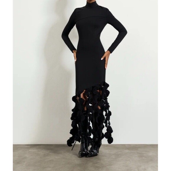 ELEXIAY Alara Dress Black Long Sleeve Mock Neck Crochet Fringe Medium New Tags - Picture 1 of 16